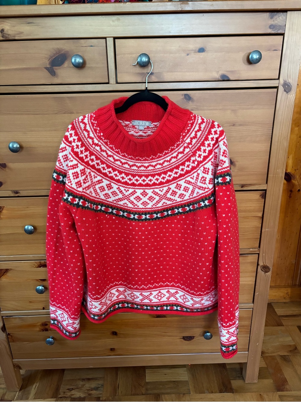 J. Crew Red Fair Isle Turtleneck Sweater with Green and White Accents